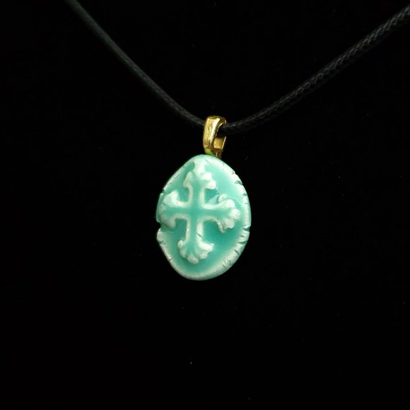 Handmade Ceramic Aqua Green Fleur De Lis Cross Pendant Necklace - Picture 3 of 14